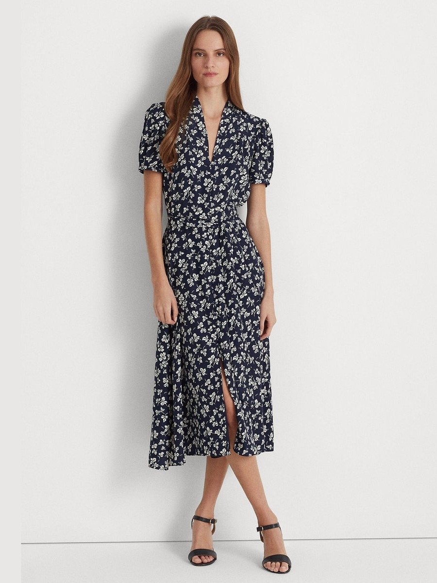 Lauren Ralph Lauren Black Label Floral Navy Blue Belted Crepe Dress Sz 4